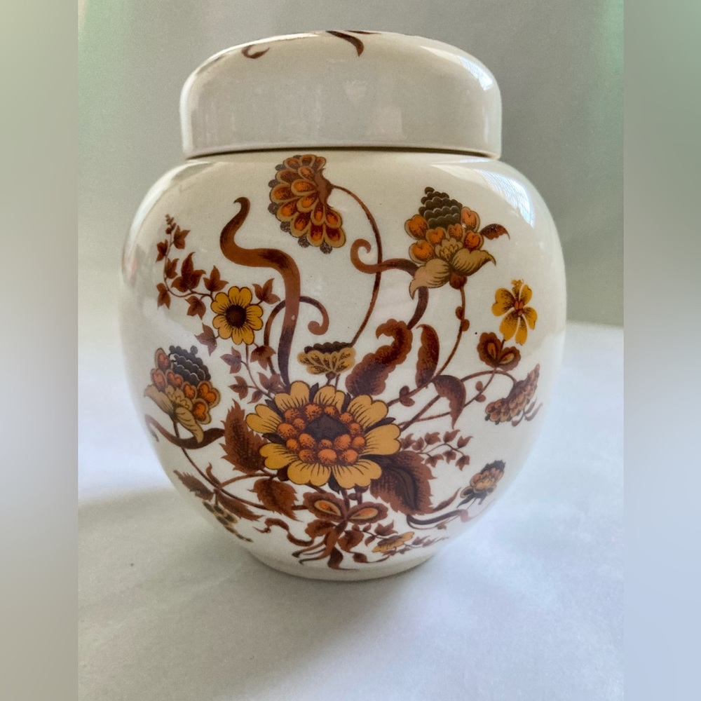 ANTIQUE - English Ginger Jar Cream with Brown, Orange, & Amber Floral